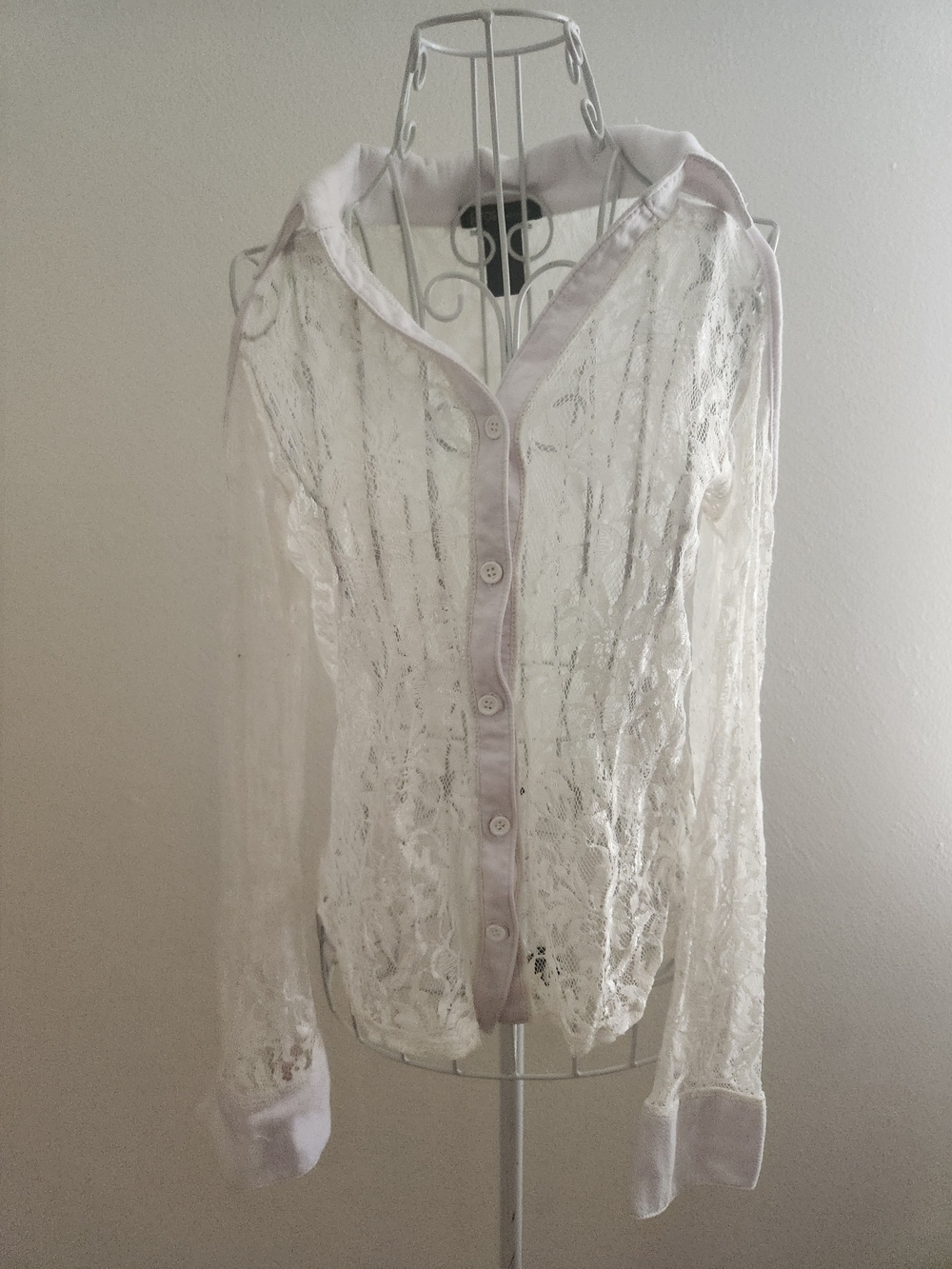 Vintage Grass Collection White Sheer Lace Button Down Blouse Y2K Juniors L